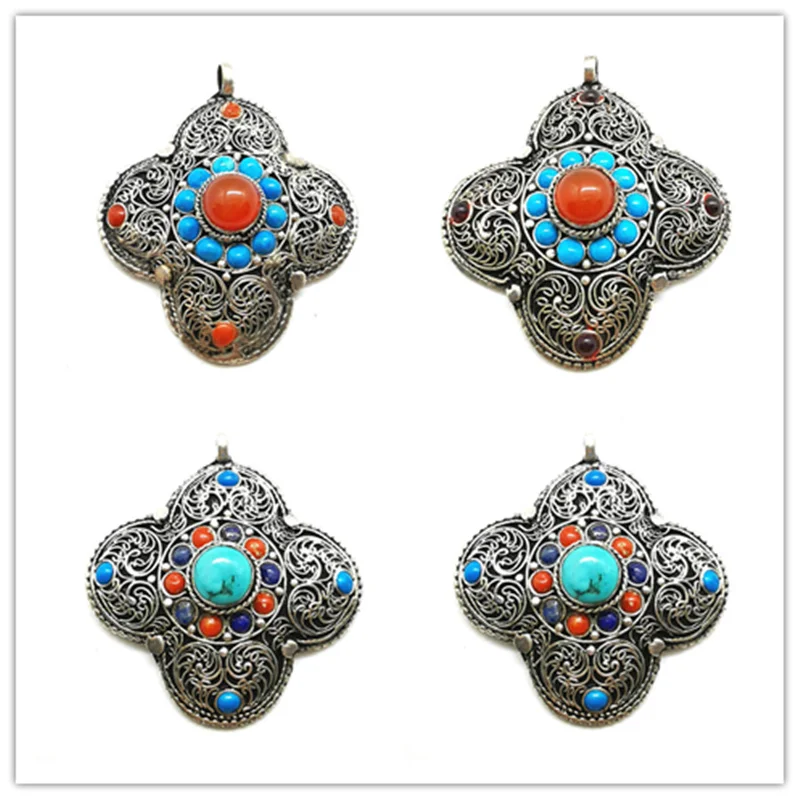 Tibetan Pendants Copper Inlaid Colorful Beads Clover Flower Pendant TBP737