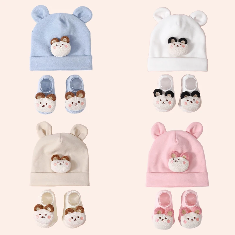 2PCS/Set Baby Newborn Cap Socks Cute Cartoon Doll Boy Girl Cotton Pullover Hats Infant Short Socks Kids Knitted Beanies Socks