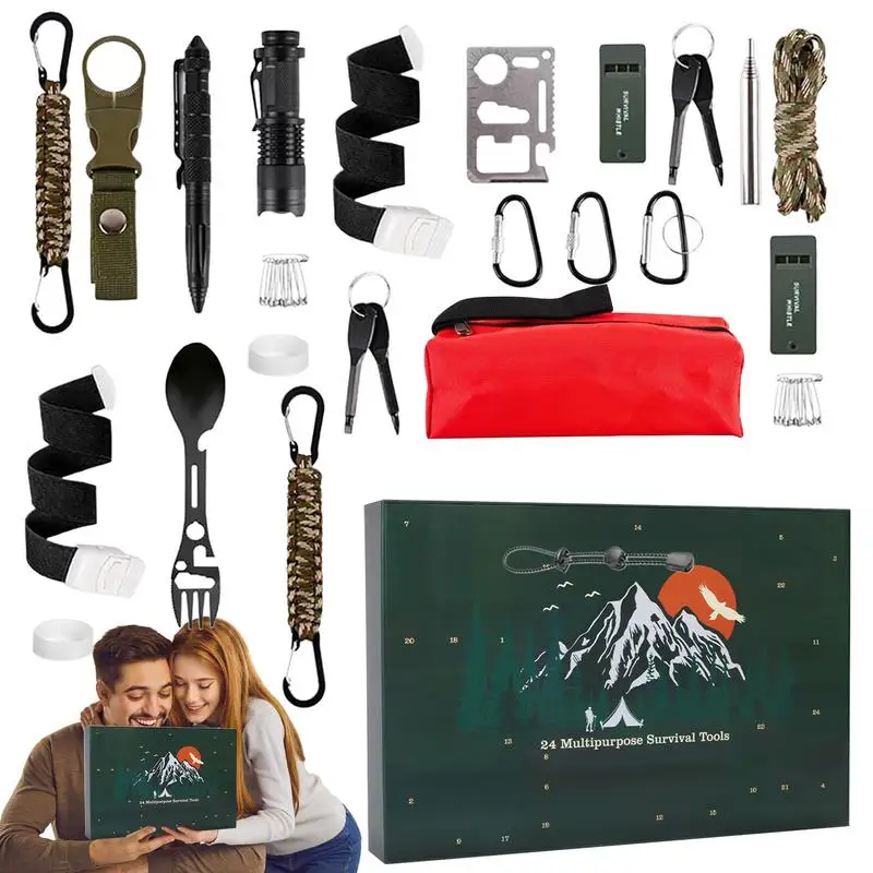 Advent Calendar Survival Kits for Men 24 Days Christmas Countdown Calendar Outdoor Camping Supplies Multi Tools Set Xmas Gifts