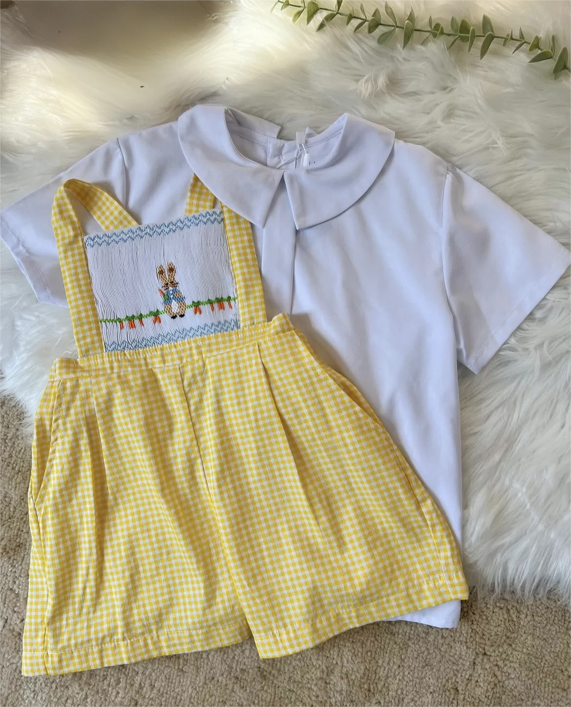 

0-6Y Boy Summer Rabbit Handmade Emebroidery Smocked Yellow Plaid Outfit Suit for Birthday Party Photography Casual A133