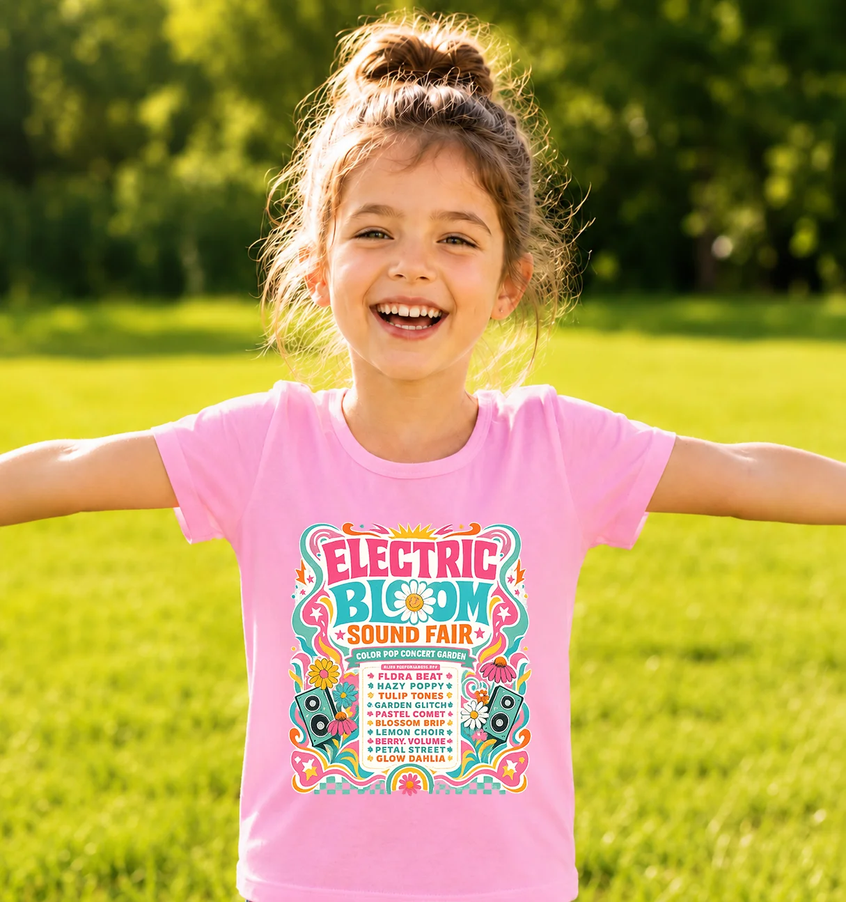 

Girls Pink T-shirt Electric Bloom Sound Fair Floral Music Festival Graphic Tee Kids Summer Short Sleeve Crew Neck Cotton Tops To