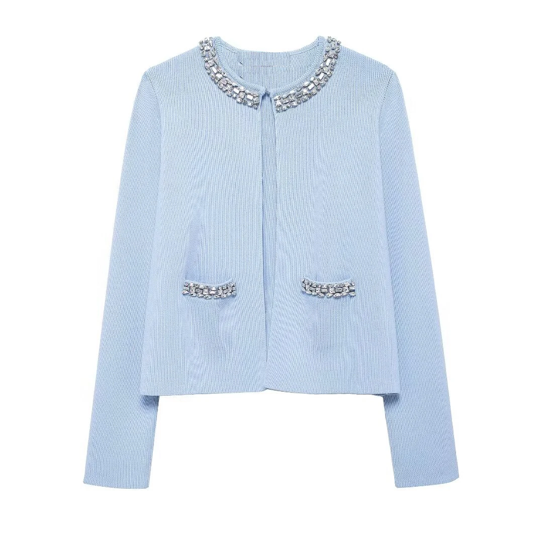 Tangada 2024 Women Beading Crop Knit Cardigan Sweaters Long Sleeve Female Outerwear 3h0589