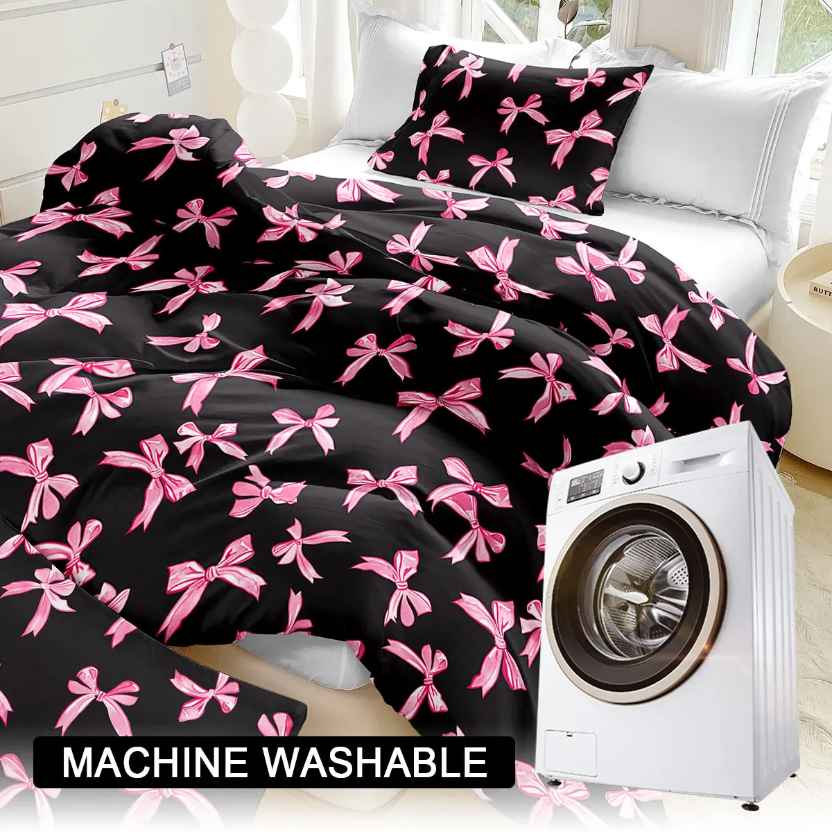 3pcs/set Plaid Bow Print Duvet Cover Set(1 Duvet Cover & 2 Pillowcase)Soft And Skin-Friendly Duvet Cover Bedding Set - Image 5