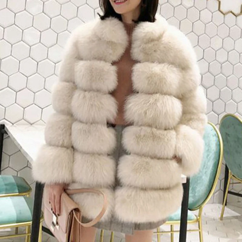 Korean Style Elegant Women Thick Warm Faux Fur Coat Mid-length Stand Collar 2023 Winter Fluffy Fur Jacket Lady Luxury Overcoat