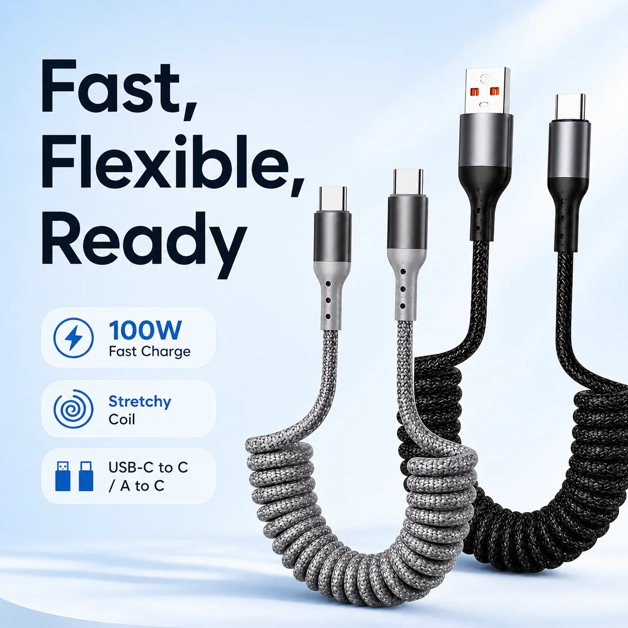 100W Spring Loaded Retractable Fast Charger for Cars USB Type C High Speed Durable Compatible with iPhone 15 Xiaomi Samsung