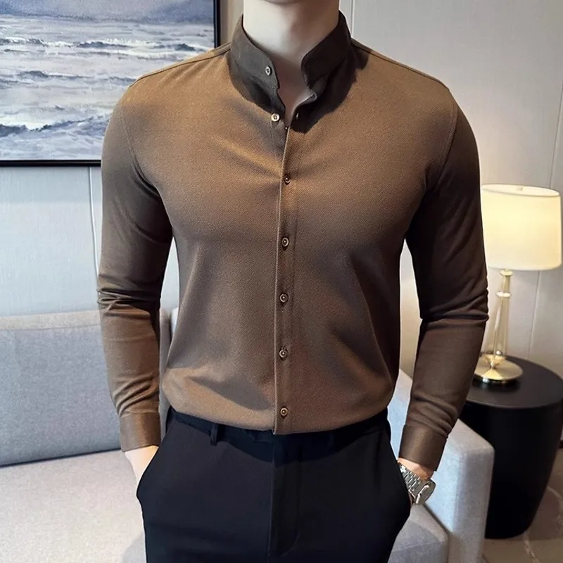 

Мужская рубашка с воротником-стойкой, высококачественная, с длинным рукавом, шерстяная, приталенная, элегантная, для делового стиля, формальная, больших размеров