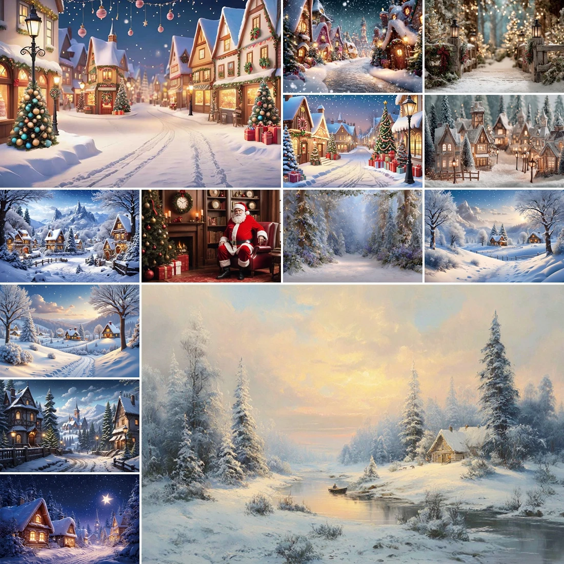 

MOON.QG Christmas Village Snowy Landscapes Background Trees Gifts Backdrops For Photography Studio Photo Poster Party Photozone