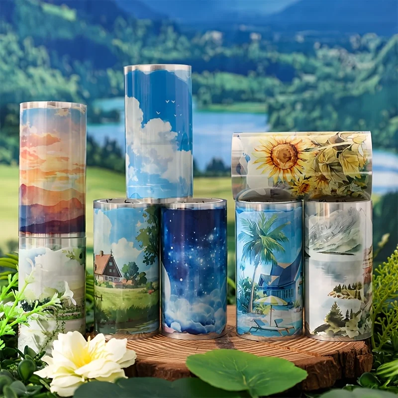 4Roll Landscape Pattern Decorative Tape，forDIYHandicrafts、Scrapbook and Diary - 3.15Inches Widex78.74Inches Long，Vivid Nature-In