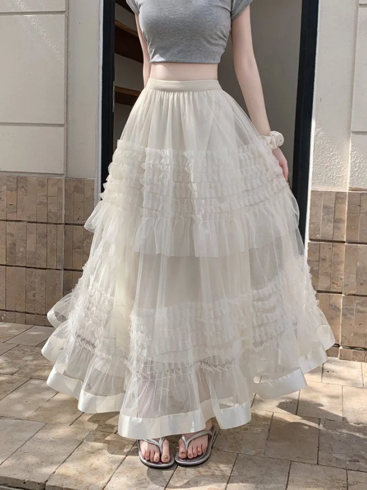 Chic Mesh Sweet Long Skirt Women High Waist Loose Elegant A Line Skirts Spring Summer Preppy Style Korean Tulle Dance Cake Skirt