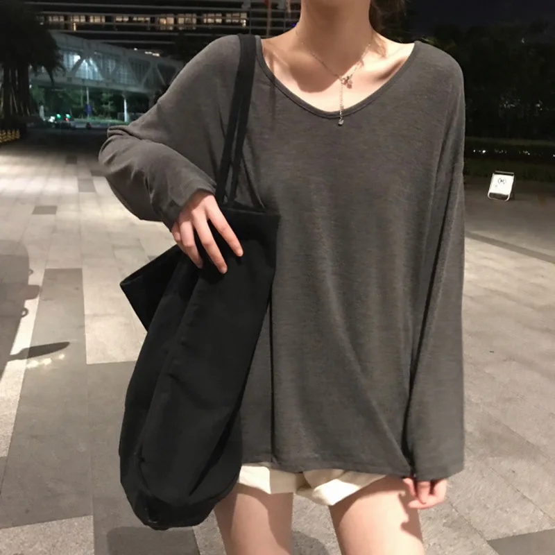 

New Autumn and Winter Solid Color All Matching Inner Clothes Loose Tops for Women Fashion V-Neck Long-Sleeved T-Shirts