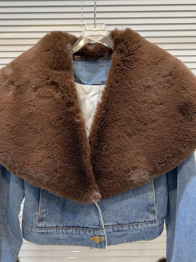 خمر أنيقة فو الفراء طوق قصيرة الدنيم سترة المرأة سليم صالح شتاء دافئ معطف مبطّن كول الشارع الشهير Y2K موضة ملابس خارجية