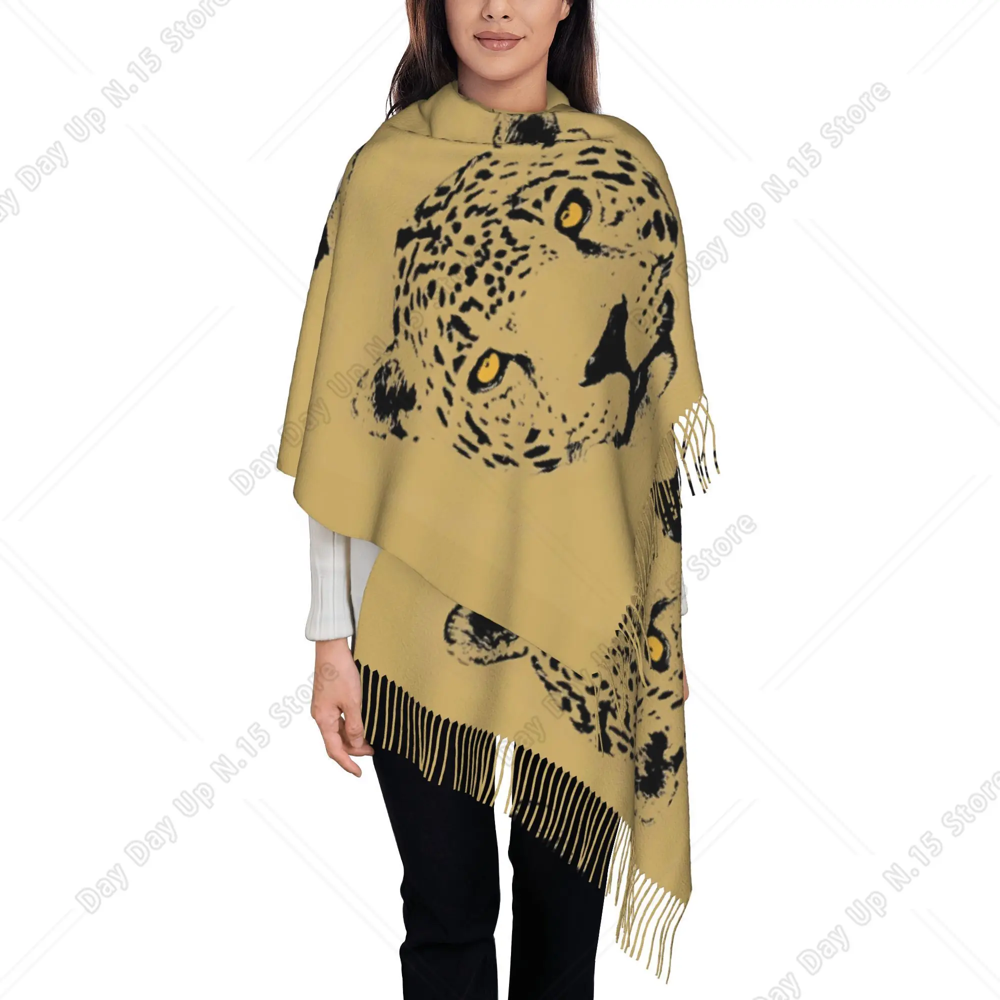 Vintage Leopard Head Print Tassel Shawl Wrap, Khaki Wild Cheetah Graphic Fringe Scarf for Women