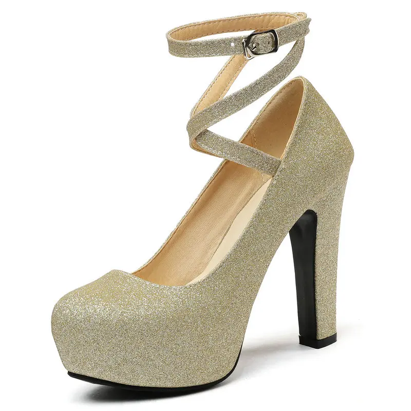 

Glitter Sparkle Pink Gold Silver Closed Toe Women Party Wedding Shoes Ankle Cross-strap Block High Heels Platform Pumps Stiletto