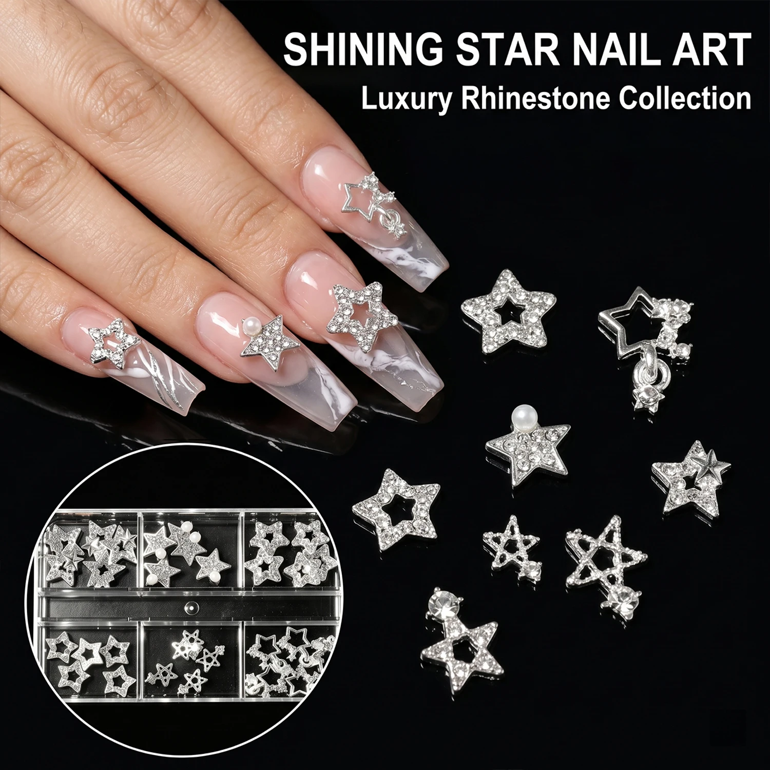 Nagelcharms 3D Seestern Stern Strass Silber Metall Y2K Punk Nagelkunst Dekorationen Legierung DIY Maniküre Zubehör – Detail 1
