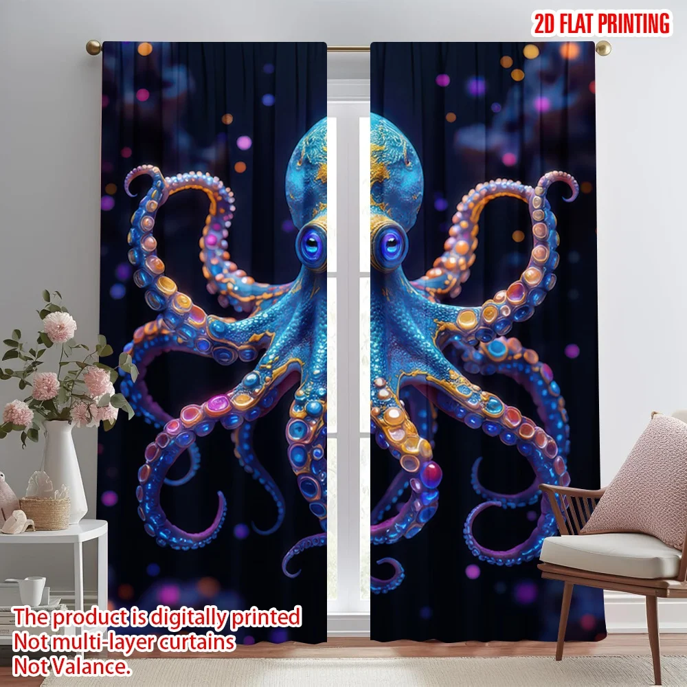 

2D flat printing 2pcs Party Curtain Colorful Blue Octopus Digital Printed Polyester Drapes Festive Holiday Use for Bedroom
