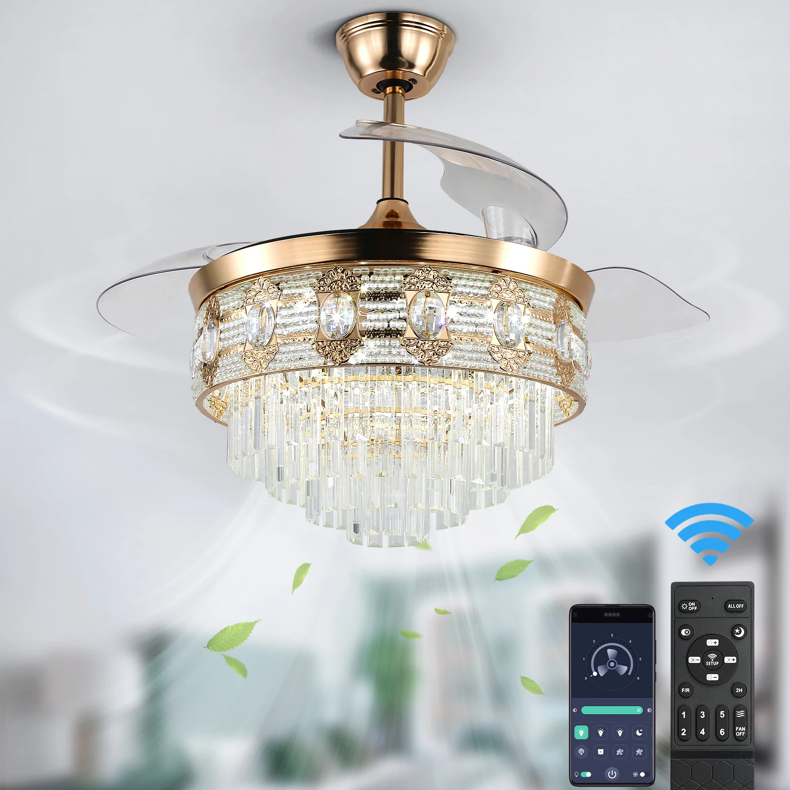 Modern Smart Ceiling Fan Chandelier Gold RC Adjustable 6 Speed Pendant Light Luminaire Bedroom 3 Heads Led Fandelier Lamp Indoor
