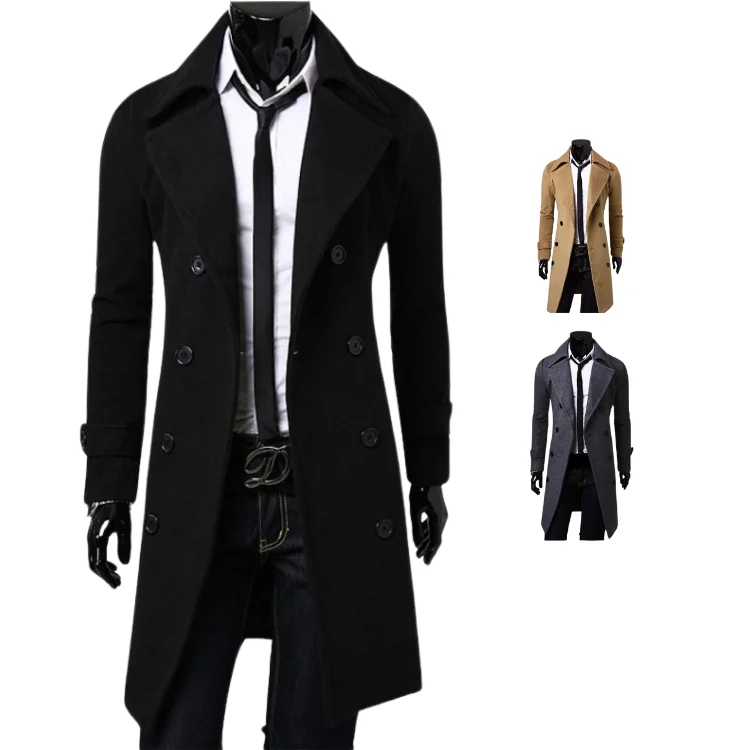 

New Men'S Double-Breasted Trench Coat, Medium-Long Slim Casual Woolen Coat M-4Xl