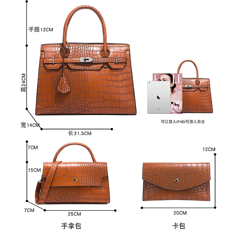 New Fashion Women\'s Bags Zipper Bags New Crocodile Patterned Mother Child Package 3pcs Shoulder Bags Trend Leisure Handheld Bags