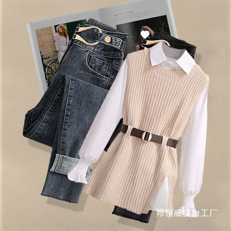 

2025 Spring New Korean Elegant in Matching Set Women's Fashion Knitted Vest+Shirt+Jeans Three Piece Female Chic Denim Pants Suit