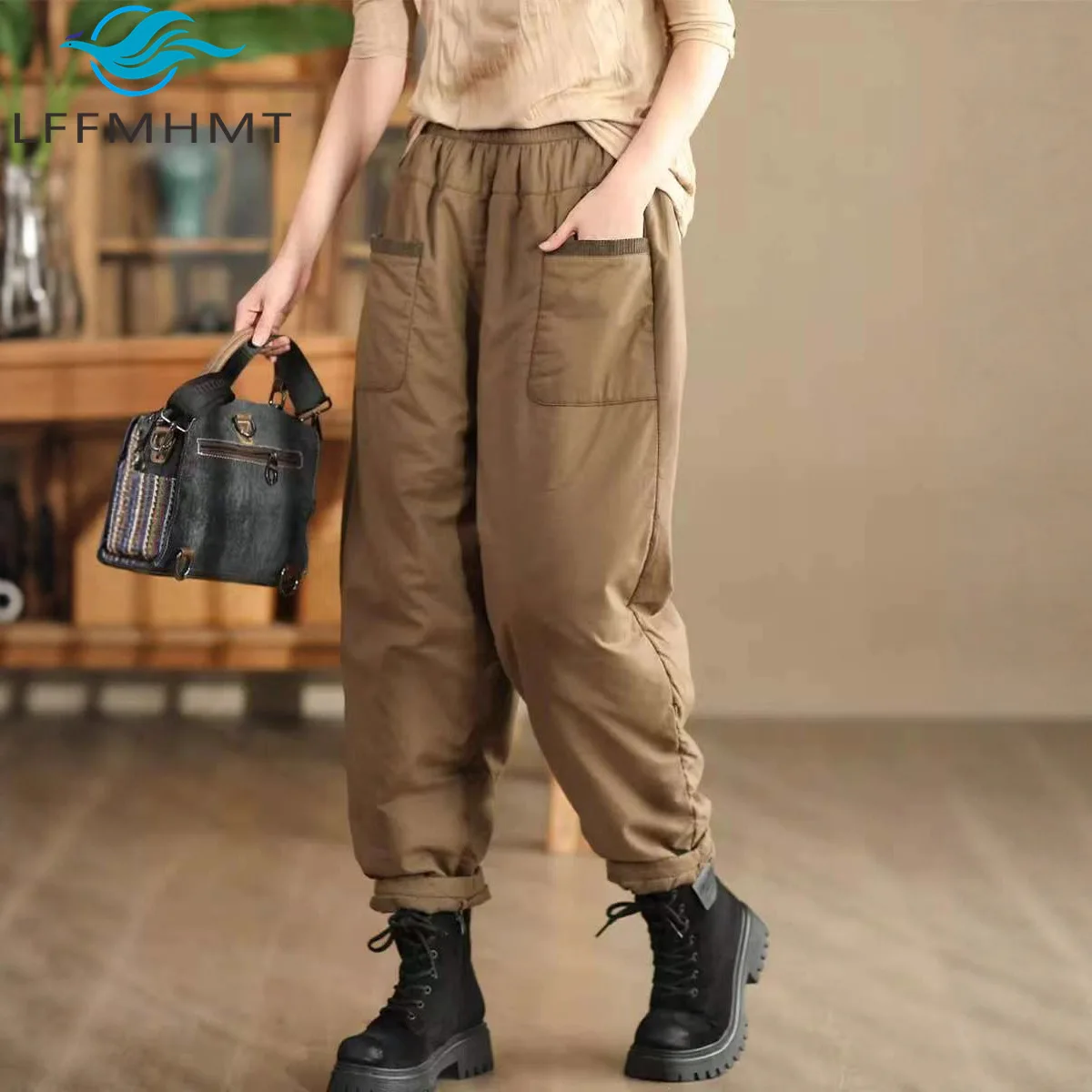 

Autumn Winter Retro Thickened Cotton Trousers Elastic Waist Quilted Warmth Haren Style Literary Vintage Patchwork Women Trouser