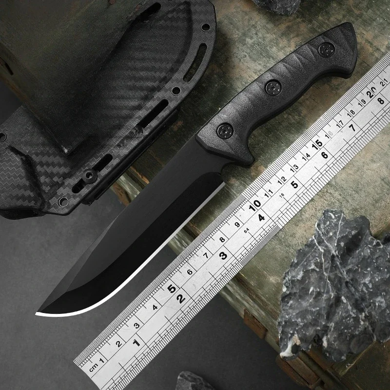 Aço inoxidável exterior Straight Knife, Tactical K bainha, Camping sobrevivência faca, apito bússola, lanterna Faca