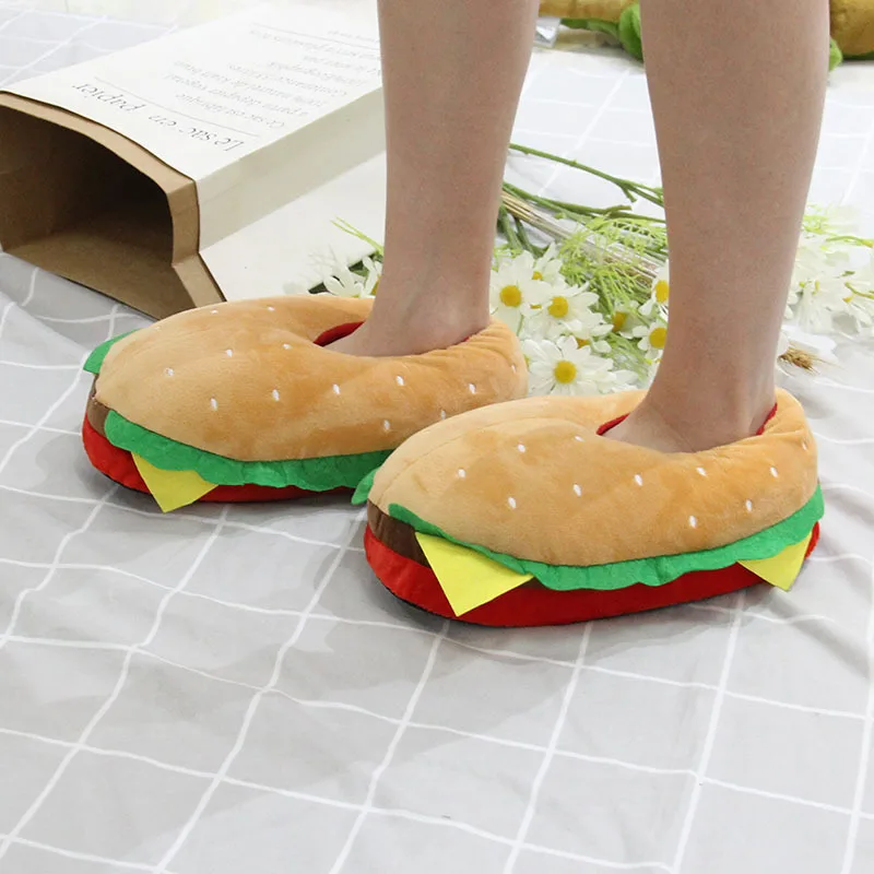 New unisex novelty burger slippers women's cute plush hamburger home shoes woman funny slides heel wrapped slipper winter loafer