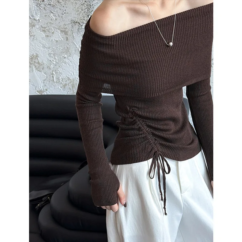 

Женский свитер, осень 2022, новый вязаный топ с открытыми плечами, мягкий уютный свитер в ленивом стиле, дизайн ниши