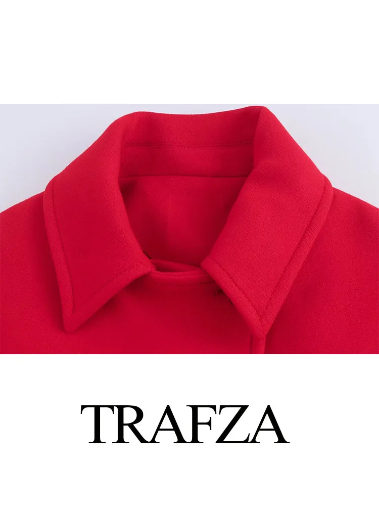 TRAFZA 2024 여성 캐주얼 코트, 레드 턴 다운 칼라, 긴팔, 루즈한 싱글 브레스트 가디건, 스트리트 우먼, 트렌디 겨울 코트