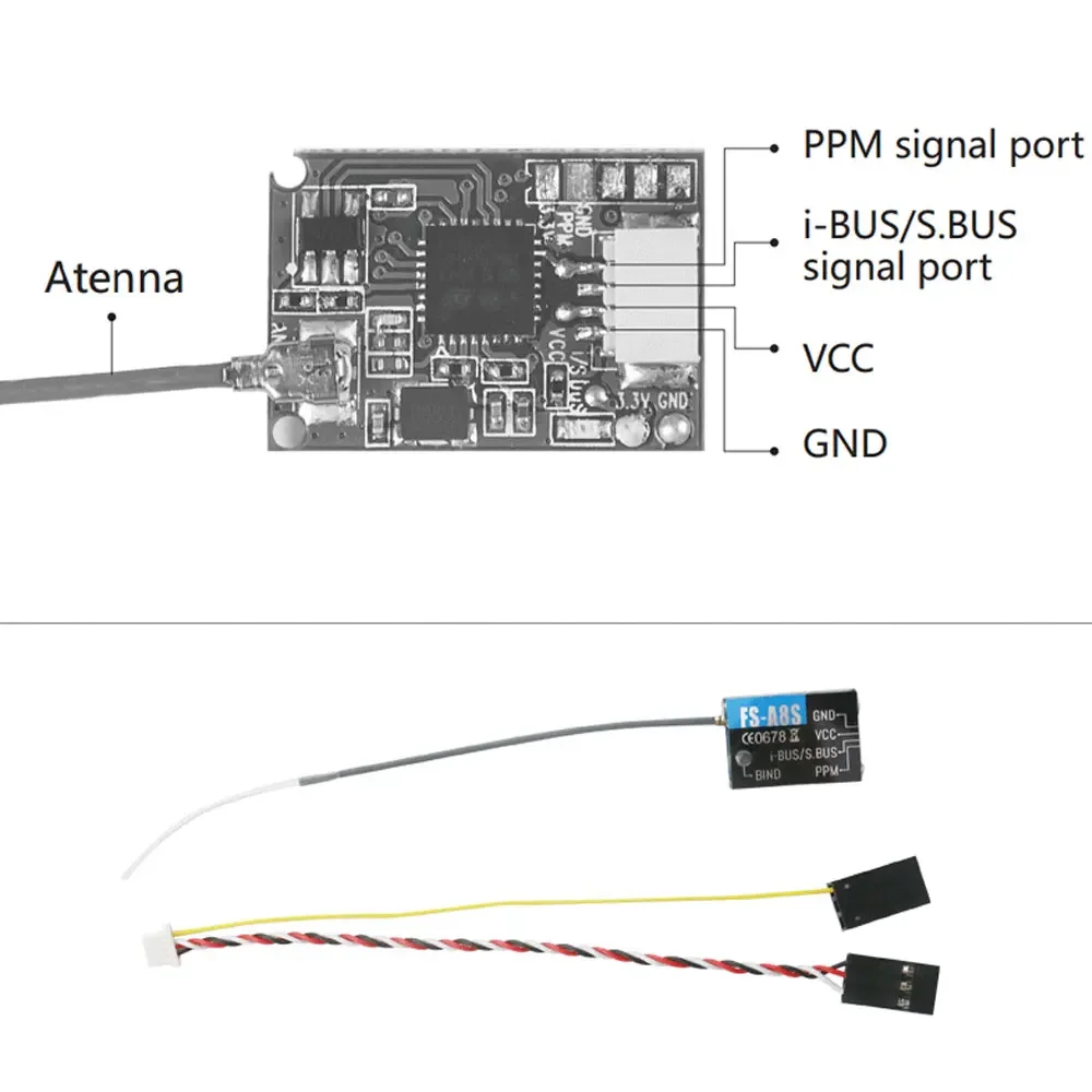 Flysky FS-A8S 2.4G 8CH Mini Receiver with ANTENNA PPM i-BUS SBUS For RC Qaudcopter FPV Racing Drone Compatible FS i6 FS i6S