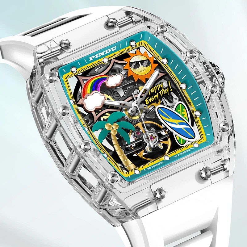 

PINDU модные мужские автоматические часы силиконовый ремешок акриловые механические часы в форме ухода скелетонизированный циферблат 30 м водонепроницаемые светящиеся