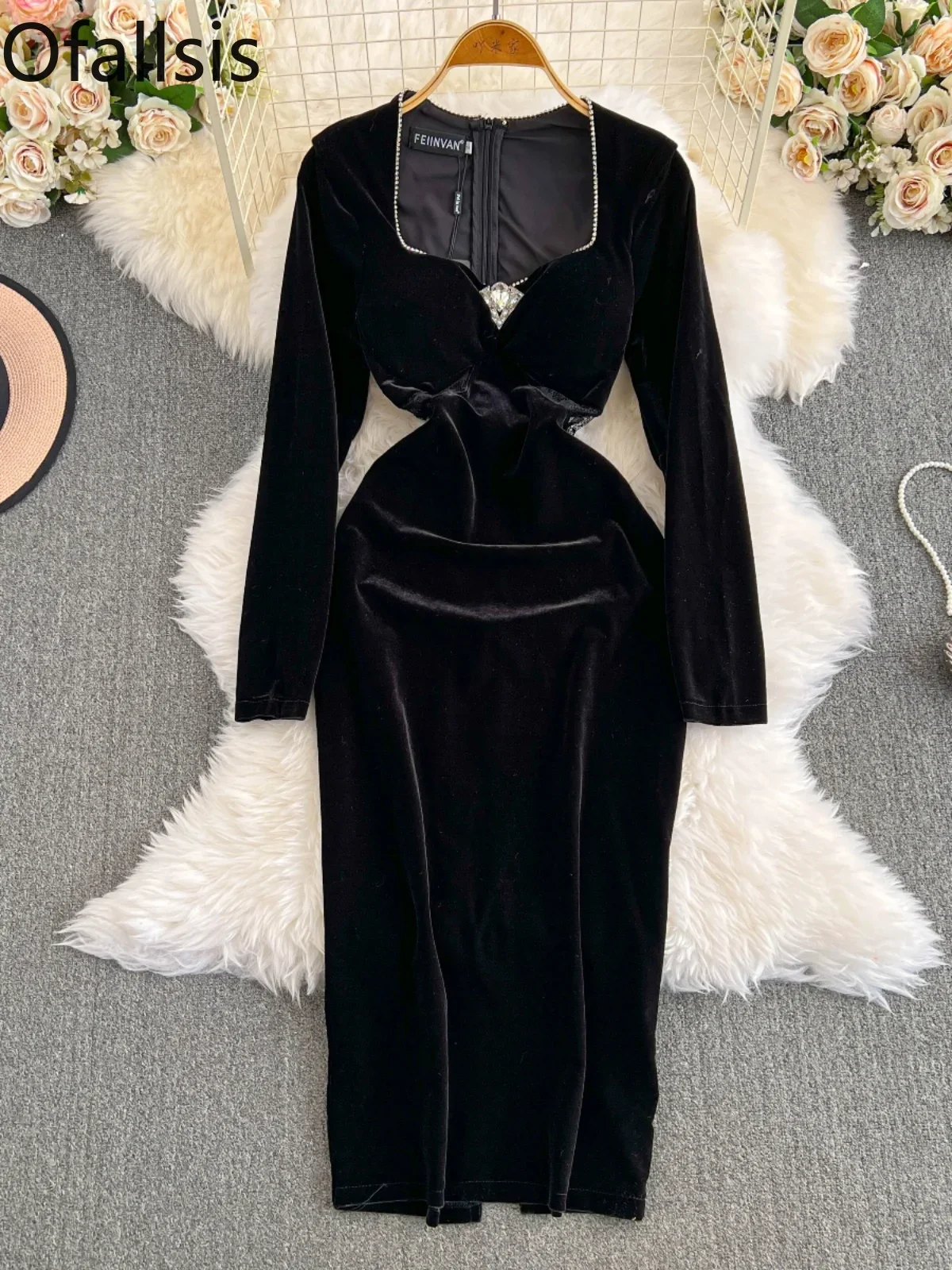 Ofallsis French Banquet Style Black Evening Dress 2024 New High end Sexy Slit Velvet Long Sleeved Autumn Winter Female Vestidos