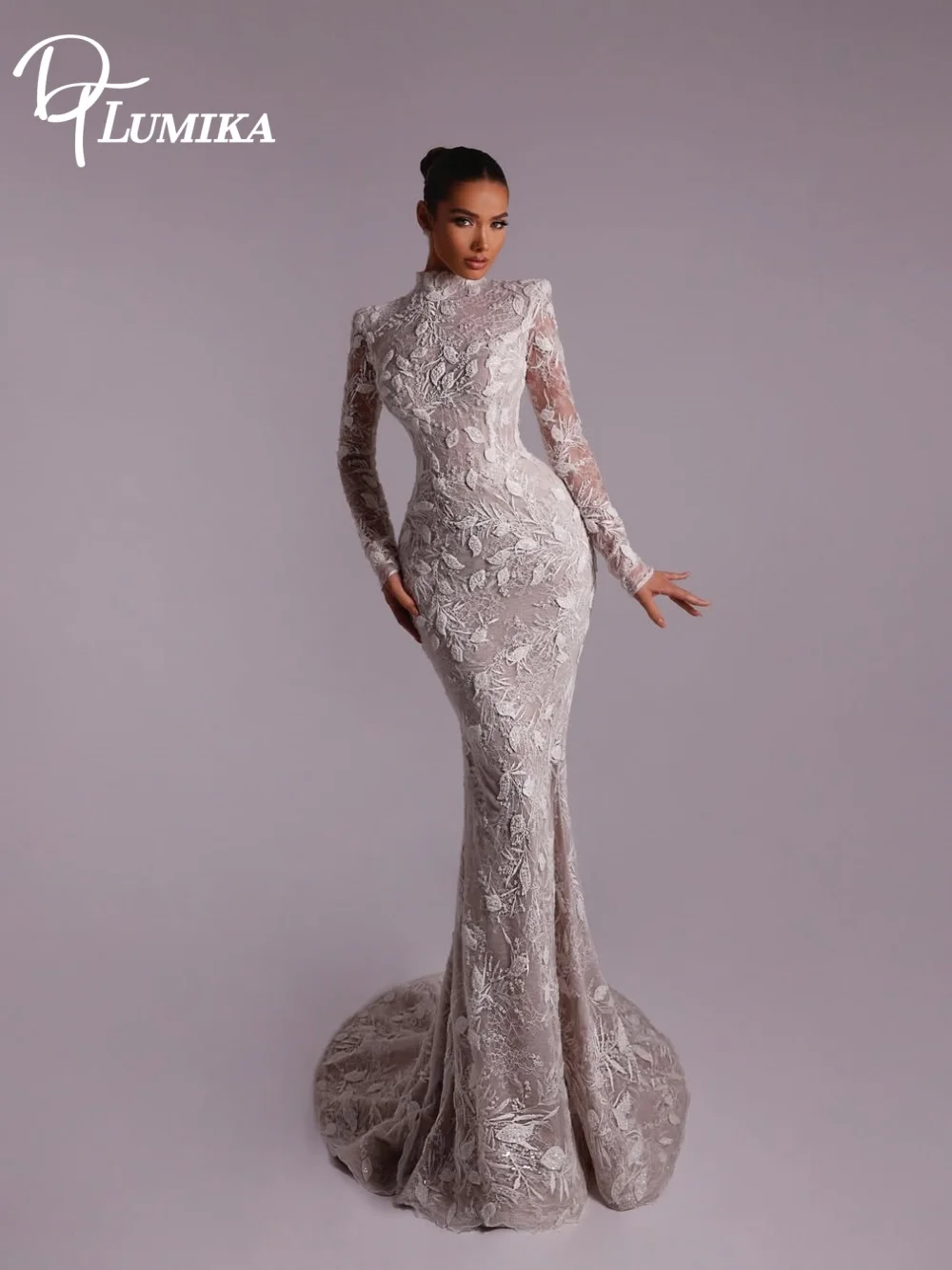 

Luxury High Neck Mermaid Wedding Dress Long Sheer Lace Sleeves Intricate Floral Embroidery Fitted Silhouette Vestidos De Novia