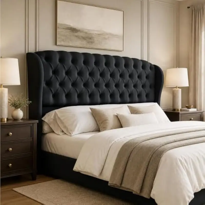 Velvet Wingback Headboard for Full Queen Beds Curved Luxury Sleigh Style Tufted Design with High-Density Foam Padding Reinforced