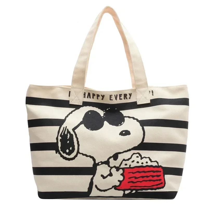 Meisje Mode Streep Canvas Schoudertas Vrouwen Grote Capaciteit 2023 Nieuwe Cartoon Snoopy Draagtas Handtas Boodschappentas 46x38x18 Cm