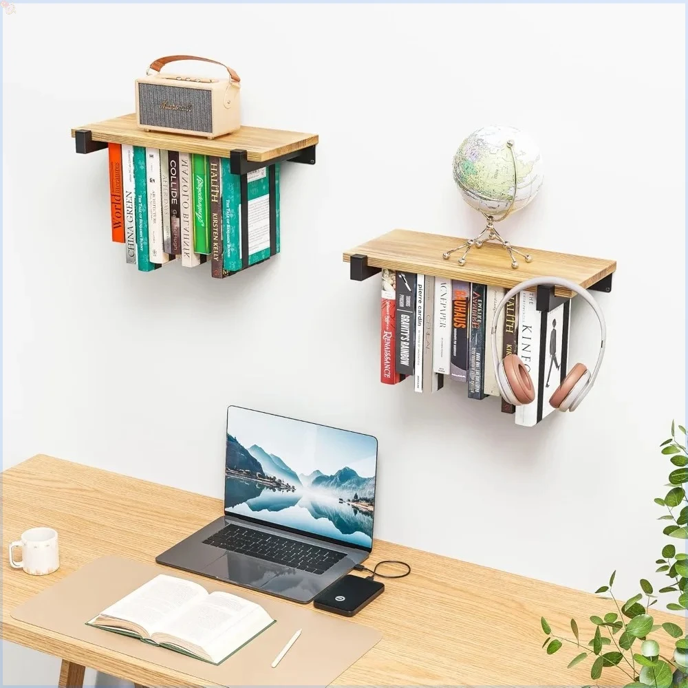 

2-piece floating bookshelf set, pine wood concealed bookshelf, wall-mounted bookshelf, unique mounted bookcase (16.5L×8.7W×1.5H)