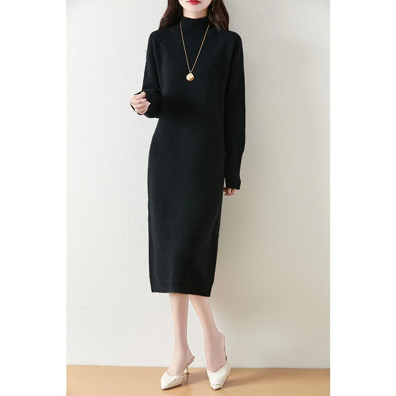 Hot Sale 100% Wool Knitting Loose Women Dresses  2024 Winter New Fashion Warm&Best Quality Dress Female Cashmere Clothing