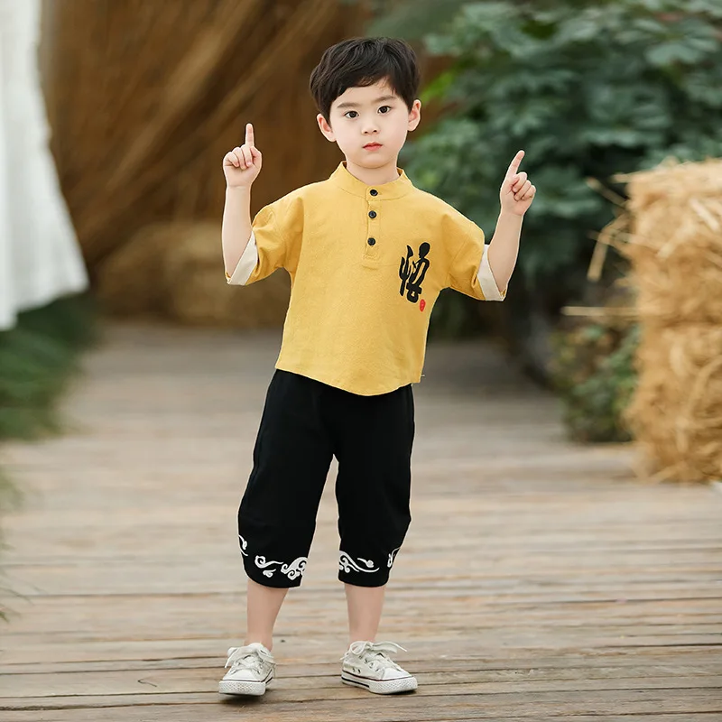 

New Cotton Boys Chinese Style Traditional Hanfu Children Vintage Ancient Tang Suit Two Piece Set Kids Cosplay Role Play Costume