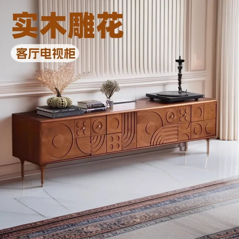 Nordic expression solid wood TV cabinet teak carved living room side cabinet antique floor chest cabinet