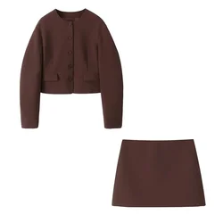 2022  Autumn New Product Women's Casual Versatile Round Neck Long Sleeve Suit Coat High Waist Mini Skirt Set