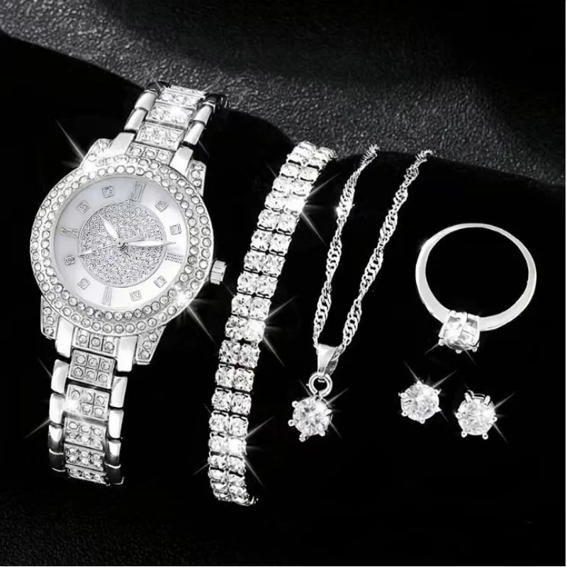 Douyin reloj con patrón romano para mujer, traje de Cornucopia, reloj de cuarzo, pulsera completa, collar, el más vendido