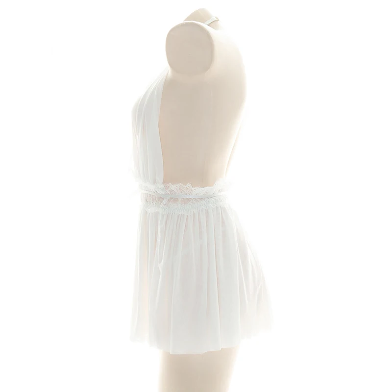 QQ Deep V-neck Sexy Off-shoulder Chiffon  Backless Dress Sheer Nightgowns Temperament Lingerie Dream Halter Transparent Costume
