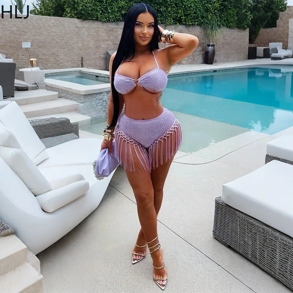 HLJ Women Sexy Lilac Purple Sparkly Metallic 2 Piece Outfit Strappy Halter Crop Top and Shorts Set Matching Beachwear Summer New