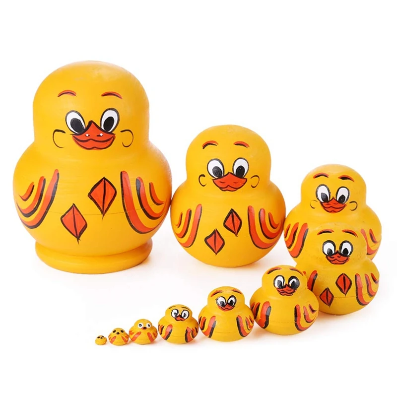 NEW_10 Pcs Wooden Yellow Duck Handmade Russian Nesting Dolls Toys