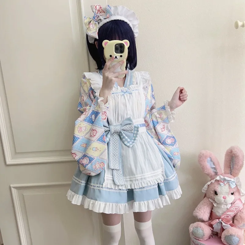 Japanese Sweet Suger Girl Lolita Dresses Cute Heaty Maid Summer Skirt Shirt Apron Bow Tie Sets Jsk Cosplay Outfits Spring Fall