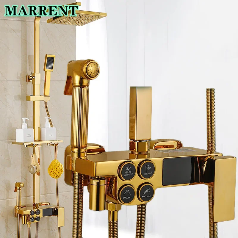 

Gold Thermostatic Digital Bathroom Shower Set 9 Inch Stainless Steel Rain Shower Head Brass Bathtub Faucet Hot Cold Shower Sets