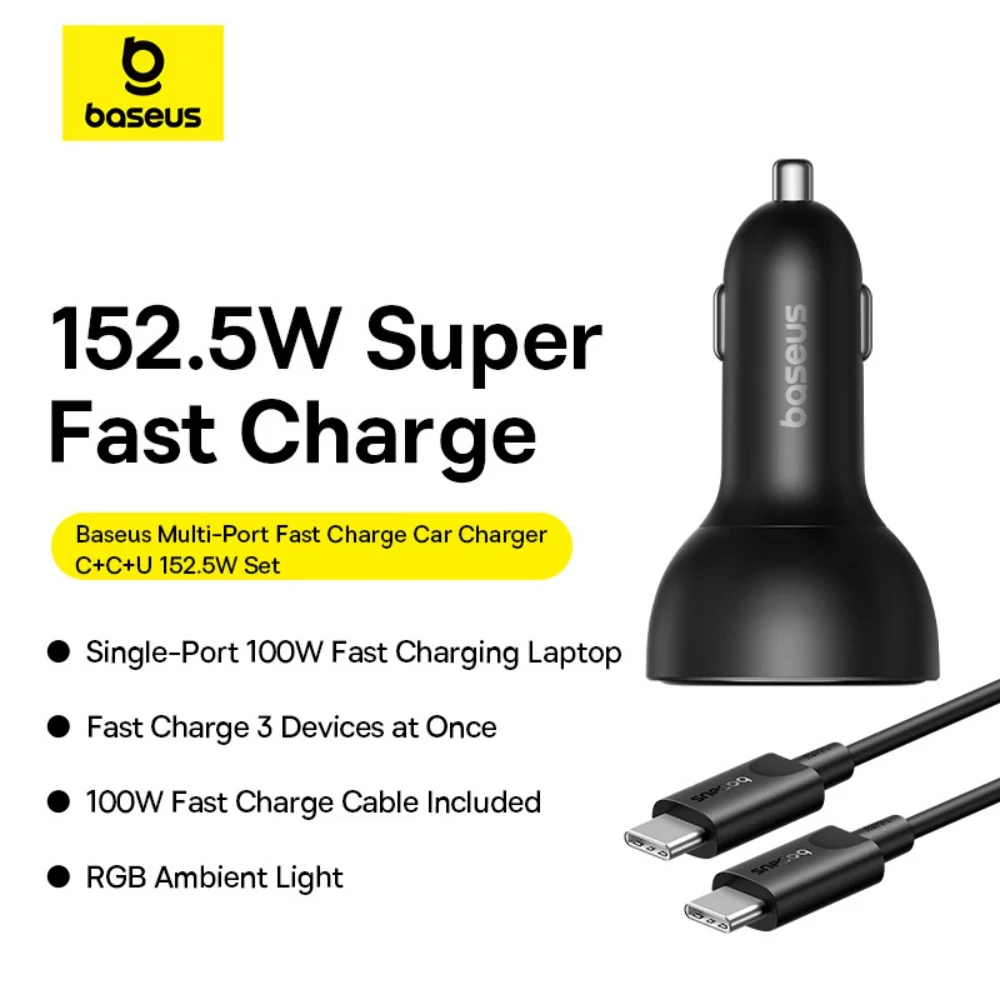 Baseus 152.5W Car Charger 100W Fast Charging USB Type-C Phone Charger for iPhone 15 16 Pro Samsung Xiaomi for 12V-24V Car Models