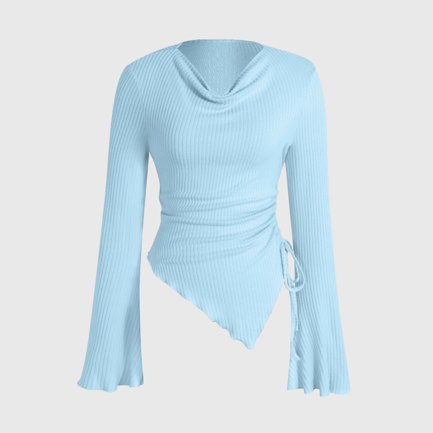 Top a maniche lunghe da donna primavera estate azzurro a costine collo ad anello con coulisse in vita orlo asimmetrico manica a campana chic casual quotidiano