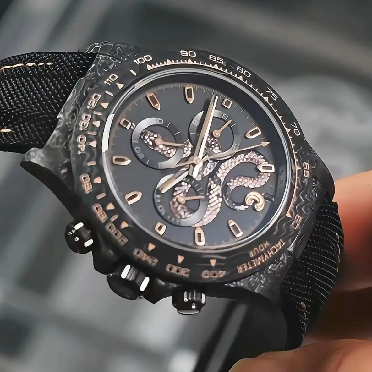 CRONUSART Men Chronograph Watch 40mm Automatic Mechanical Wristwatch Carbon Fiber Case Sapphire Mirror Luminou Snake Dial Nylon