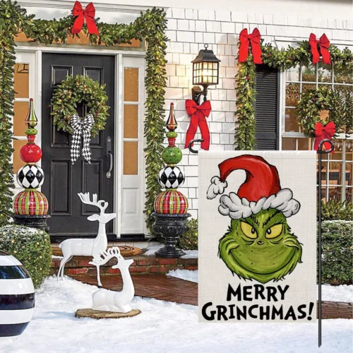 Merry Grinchmas Garden Flag Burlap 12X18 Double Sided, Winter Christmas Decorati