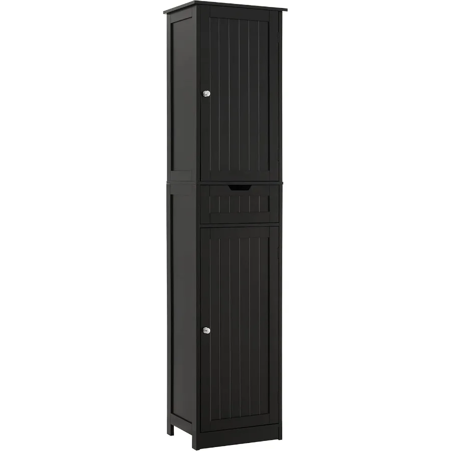 

Высокий черный шкаф для ванной комнаты с 2 дверцами и 1 ящиком. Шкаф для хранения в ванной комнате с регулируемыми полками. Узкий блок для хранения.